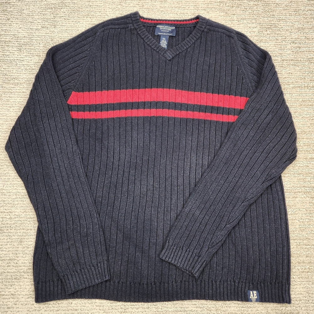 American Eagle Y2K V-Neck Ribbed Sweater Mens XXL Navy Red Stripe Cotton Wool
